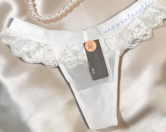 Custom Embroidered Ruffle Lace Bridal Thong, Personalized Bridal Undies, Shower Gift