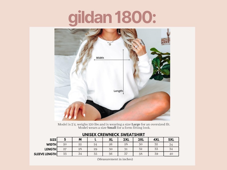 K&ouml;nnte beinhalten: Wei&szlig;es Unisex-Crewneck-Sweatshirt mit Gr&ouml;&szlig;entabelle. Das Bild enth&auml;lt Ma&szlig;e f&uuml;r Breite, L&auml;nge und &Auml;rmell&auml;nge in Zoll. Der Text "gildan 1800" steht oben. Das Model ist 163 cm gro&szlig; und wiegt 54 kg.