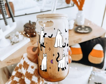Ghost Cat Glass Can Cup: Spooky Halloween Iced Coffee Mug