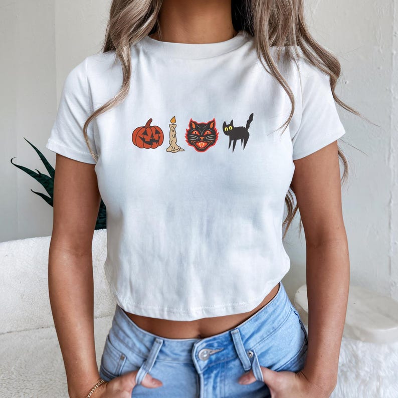 Halloween Baby Tee, 80s Vintage Inspired , Cat Mom T-shirt Retro Halloween Graphic Tee Witch Cat Pumpkin Season Shirt for Fall 100% Cotton