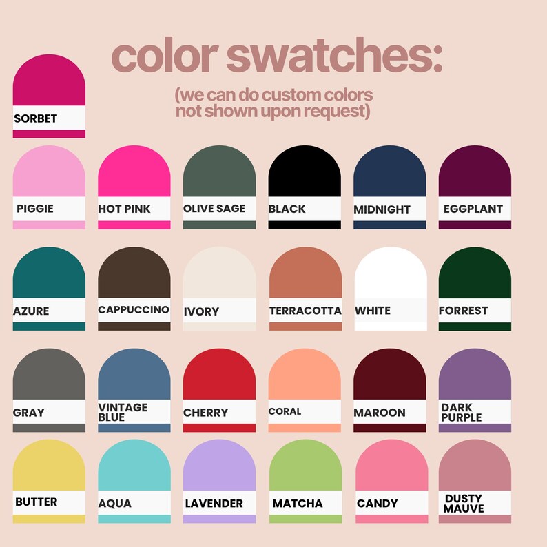 K&ouml;nnte beinhalten: Farbfelder mit Namen wie Sorbet, Piggie, Hot Pink, Olive Sage, Black, Midnight, Eggplant, Azure, Cappuccino, Ivory, Terracotta, White, Forrest, Gray, Vintage Blue, Cherry, Coral, Maroon, Dark Purple, Butter, Aqua, Lavender, Matcha, Candy und Dusty Mauve.