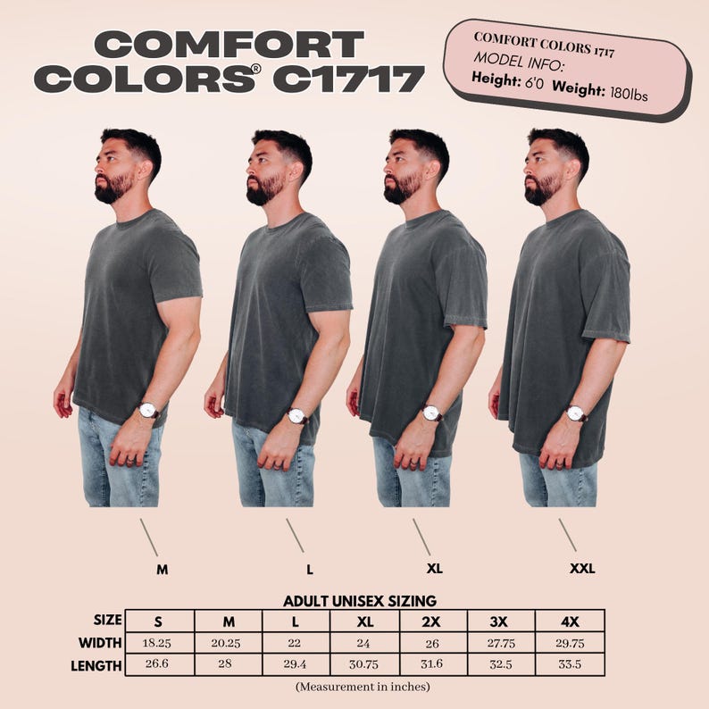 Puede incluir: Imagen de un producto que muestra una camiseta Comfort Colors C1717 de color gris oscuro. La imagen muestra a un modelo usando la camiseta en diferentes tallas, con una tabla de tallas debajo. La tabla proporciona medidas en pulgadas para tallas unisex para adultos, de la S a la 4XL.