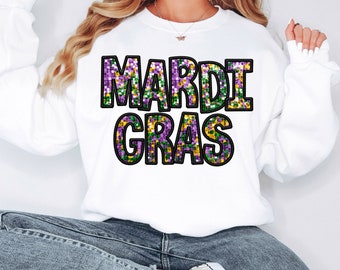 Mardi Gras Shirt, Cute Mardi Gras Sweater, Louisiana Parade Krewe, New Orleans Sweater, Flower De Luce Shirt, Faux Glitter Design Printed On