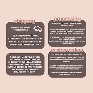 Puede incluir: Gr&aacute;fico informativo con texto sobre env&iacute;o, procesamiento y pedidos personalizados. Se detallan las opciones de env&iacute;o y los tiempos de procesamiento. Se aceptan pedidos personalizados. Fondo rosa.
