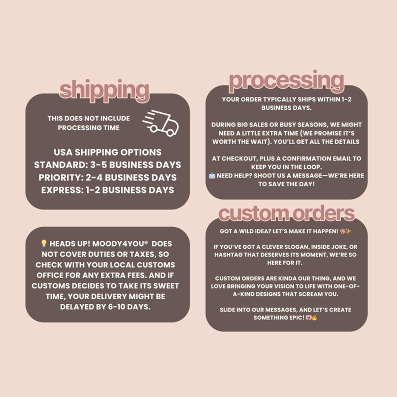 Puede incluir: Gr&aacute;fico informativo con texto sobre env&iacute;o, procesamiento y pedidos personalizados. Se detallan las opciones de env&iacute;o y los tiempos de procesamiento. Se aceptan pedidos personalizados. Fondo rosa.