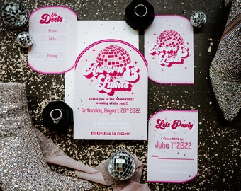 Disco Wedding Invitations Custom Personalized Retro 70's Hippy Funky Details Card RSVP Printable