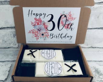 Happy 30th birthday. Birthday gift. wax melt Letterbox gift box, Handmade, hand poured Soy Wax melts gift box with 2 x 50g snap bar blocks.
