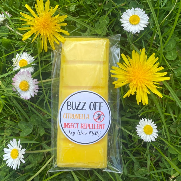 BUZZ OFF insect repellent soy wax melt. Citronella fragranced made with pure essential oils. Repels wasps, mosquitoes, flys, midges and more