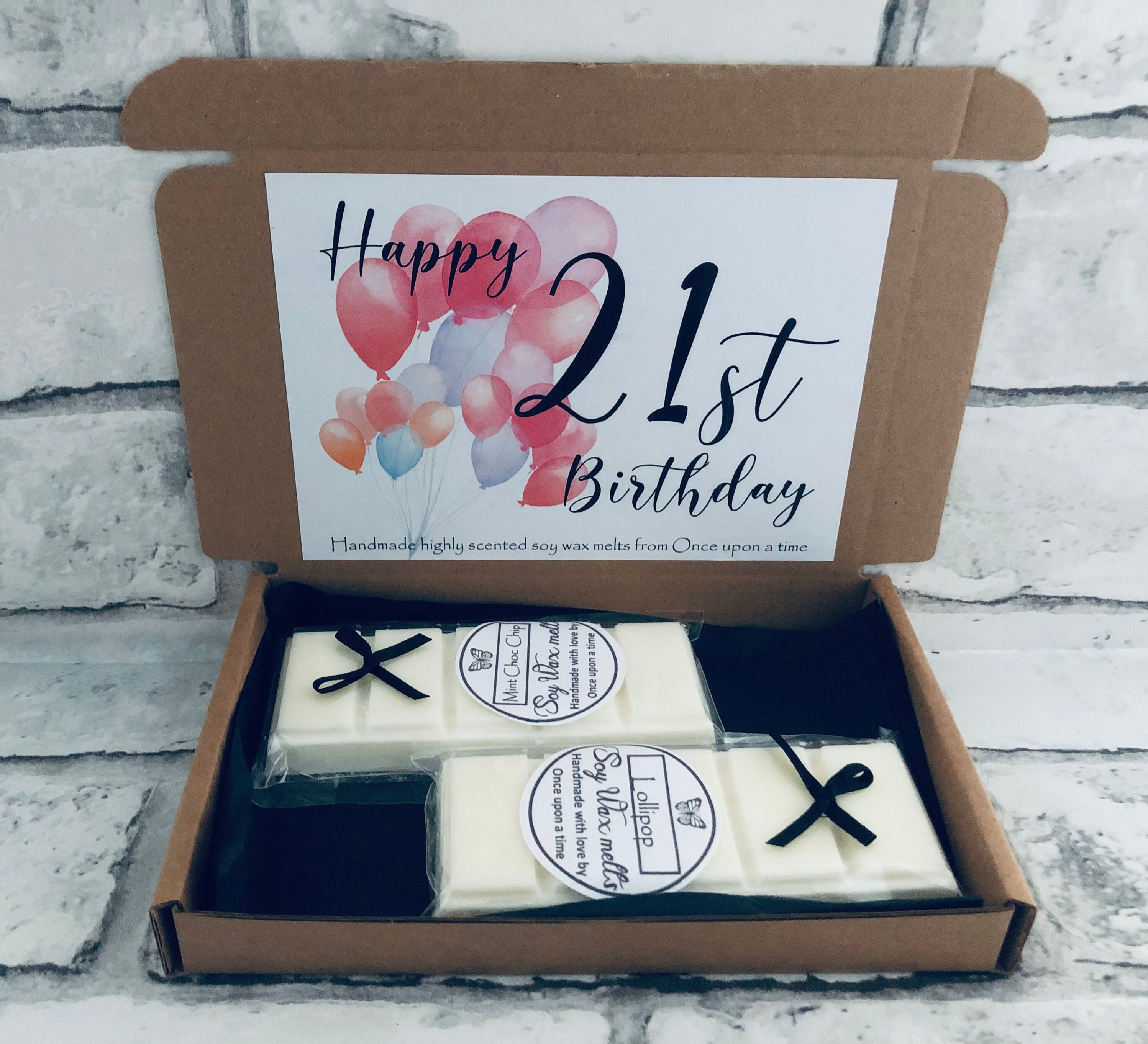 Happy 21st birthday. Birthday gift. wax melt Letterbox gift box, Handmade, hand poured Soy Wax melts gift box with 2 x 50g snap bar blocks.