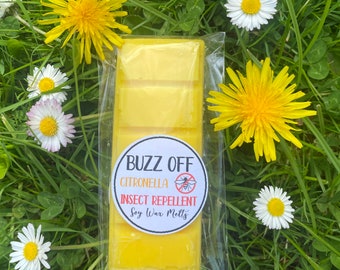 BUZZ OFF insect repellent soy wax melt. Citronella fragranced made with pure essential oils. Repels wasps, mosquitoes, flys, midges and more