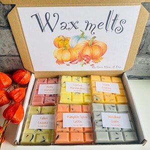 Personalised Autumn Wax melt gift set. Gift box Highly scented and hand poured. Personalised gift message. 6 scents. Christmas. Birthday.