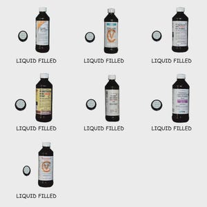 May include: Seven dark amber glass bottles with white screw caps, each accompanied by a small circular black cap. Each bottle features a white label with printed text and the words LIQUID FILLED positioned below each bottle and cap set.