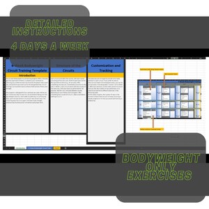 May include: A screenshot of a spreadsheet with a 6-week bodyweight circuit training template. The spreadsheet includes instructions for the circuits, customization, and tracking. The title of the spreadsheet is "Detailed Instructions 4 Days a Week" and the title of the template is "6-Week Bodyweight Circuit Training Template".