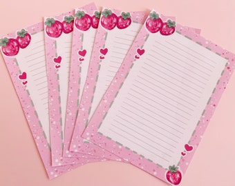 Cute Pink Strawberry Lined Stationery Paper Sheets 6.5x4.5”