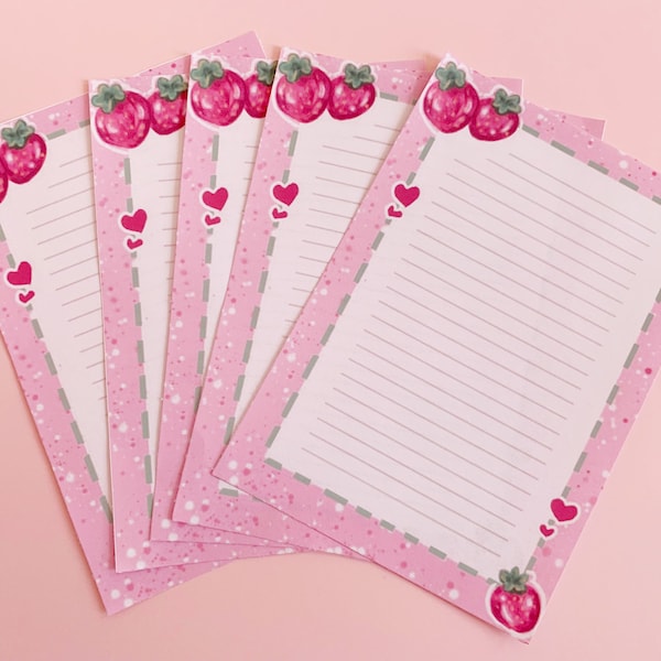 Cute Pink Strawberry Lined Stationery Paper Sheets 6.5x4.5”