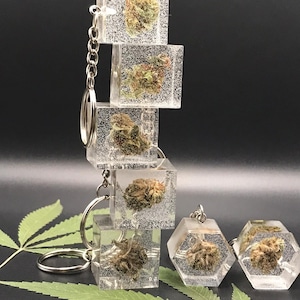 Può includere: Un set di sei portachiavi in resina trasparente con boccioli di cannabis essiccati all'interno. I portachiavi sono a forma di cubi ed esagoni. I portachiavi sono su una superficie nera con una foglia di marijuana verde.