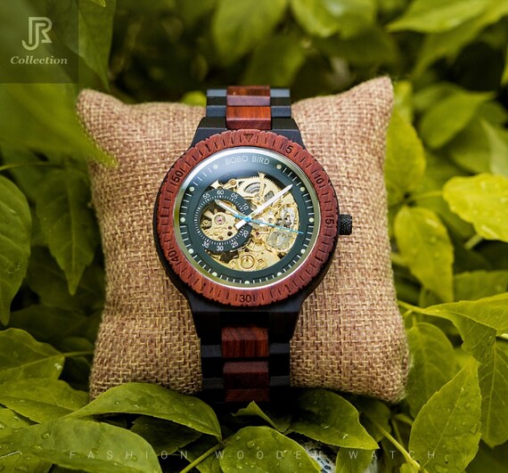 Engraved Wood Watch for Men Mechanical Wooden Watch for Him Self