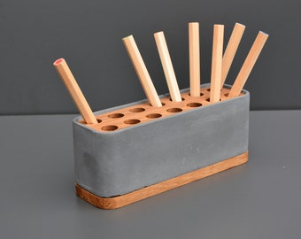 modern pen holder made of concrete, desk organization wood and concrete