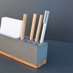 Modern concrete and wood pen holder, desk organization with compartment for notes and more
