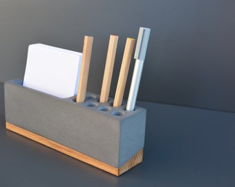 Modern concrete and wood pen holder, desk organization with compartment for notes and more