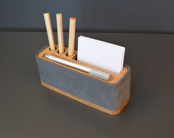 Porte-stylo gris | Boîte de bloc-notes | Porte-stylo en chêne | Rangement de bureau | Béton et chêne | Décoration béton | 18x6x7cm