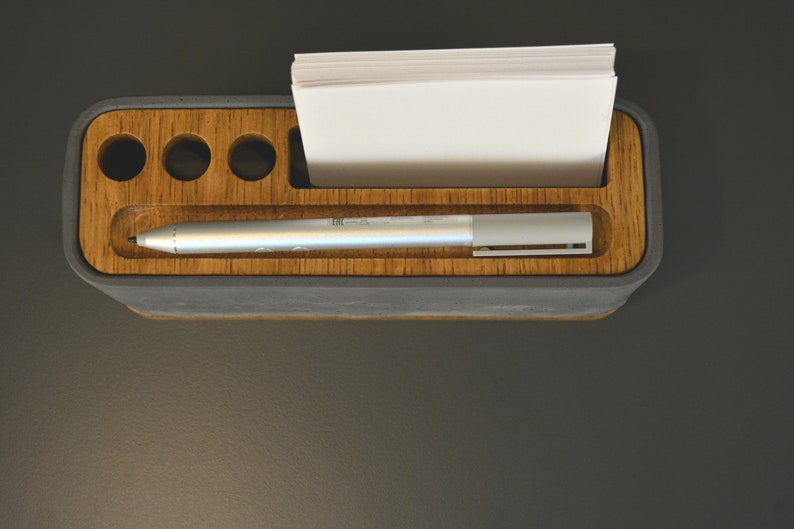 Stifthalter grau Notizblock-Box Eiche Stifthalter Schreibtischaufbewahrung Beton und Eiche Betondekoration 18x6x7cm Bild 3