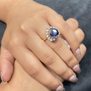 Heart-Shaped Blue Sapphire & Diamond Halo Ring | 14K Gold Cocktail Ring | Vintage-Inspired Statement Jewelry