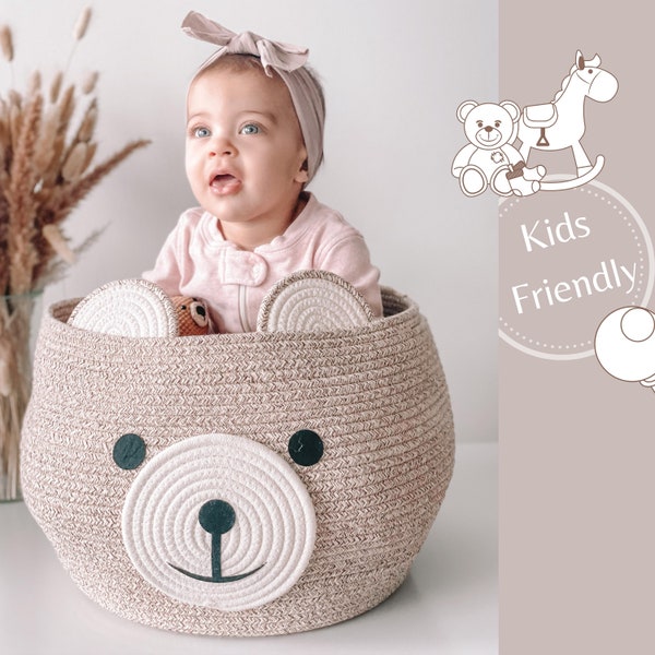 Cute bear toy basket for your kids, pet friendly, baby shower, house warming,Big: 19 by 13 inch or Mini11 by 6