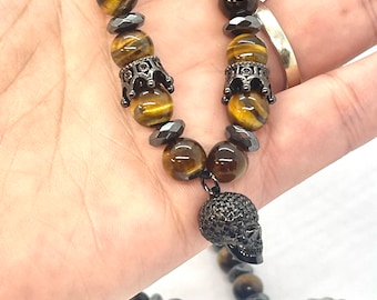 Tiger’s Eye Necklace, Men’s jewelry, Skull Necklace