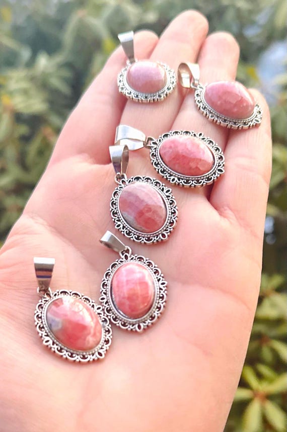 Rhodochrosite Hearts Pendants, Natural Genuine Rhodochrosite Stone