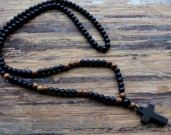 Black Agate & Wood Rosary, Men’s Necklace