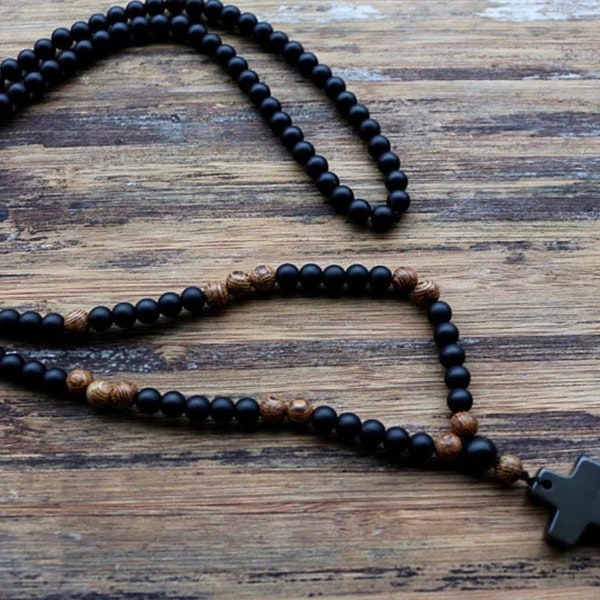 Black Agate & Wood Rosary, Men’s Necklace