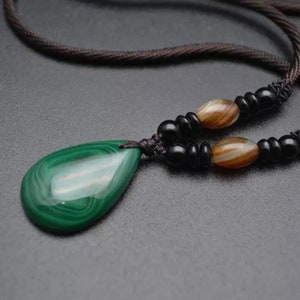 Natural Malachite Pendant Necklace: Corded Green Stone