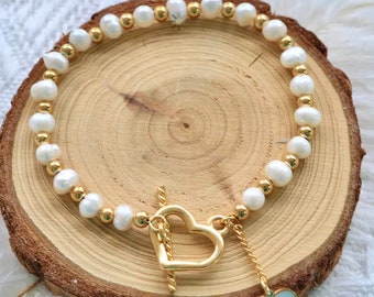 Baroque Pearl Bracelet: Gold Stainless Steel Beads, Shell Heart Charm