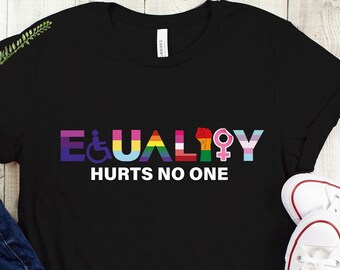 May include: Black t-shirt with the text "EQUALITY HURTS NO ONE" in rainbow colors with various symbols representing different groups.
