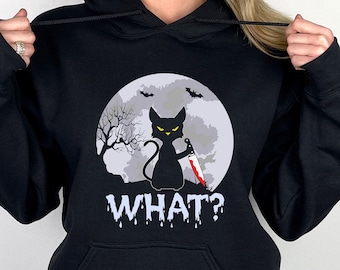 What Cat Sweatshirt, Halloween sweatshirt, Black cat shirt, Black cat Hoodie, Cat with knife shirt, Murderous Cat With Knife,Cat Lover Shirt