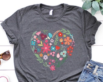 Flower Heart TShirt, Wild flowers, Flower Shirt, Sunflower tshirt T-Shirts,Valentine Shirt, Love Shirt, Floral Heart Shirt, Sentimental Gift