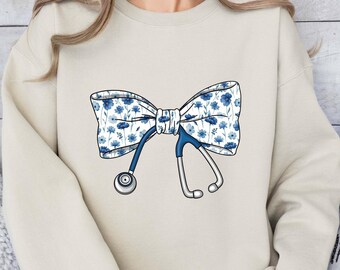 Nurse Toile Bow Sweatshirt, Stethoscope Bow Shirt, Nurse Coquette Shirt, Gift for Nurse, Healthcare Professionals Shirt, Nurse Appreciation