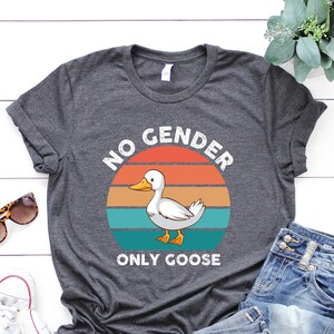 May include: Dark gray t-shirt with a graphic of a white goose inside a sunset circle, and the text "NO GENDER ONLY GOOSE". The shirt is styled with white sneakers, sunglasses, and blue jeans.