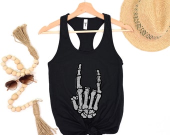 Halloween Skeleton Hand Vintage Spooky Vibes Tank, Flowy Festival Muscle Tank Top Clothing, Halloween  Rock Skeleton Tanks, Womens Tank Tops