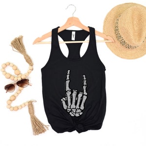 Halloween Skeleton Hand Vintage Spooky Vibes Tank, Flowy Festival Muscle Tank Top Clothing, Halloween  Rock Skeleton Tanks, Womens Tank Tops