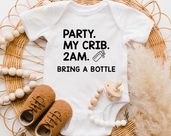 Cosy Party at My Crib 2 A.m Bring Bottle Newborn Infant Toddler Baby Girls Boys Bodysuit Short Sleeve 0-24 MonthsBlack 