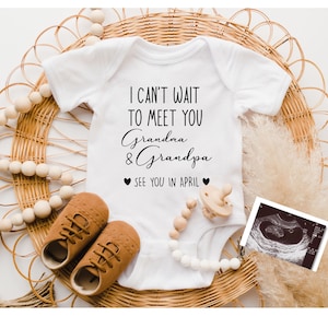 I cant wait to meet you grandpa and grandma see you soon Onesie®,Hello Grandma and Grandpa Baby Announcement Onesie®,New Grandparents,Coming