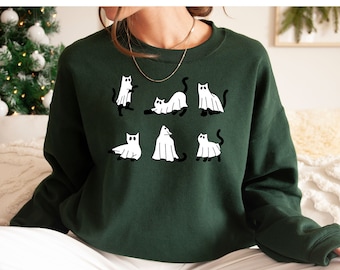 Ghost Cat Sweatshirt, Halloween Sweatshirt, Halloween Cat Shirt, Cat Lover Shirt, Black Cat Shirt, Halloween Gifts, Cat Pumpkin Sweatshirt