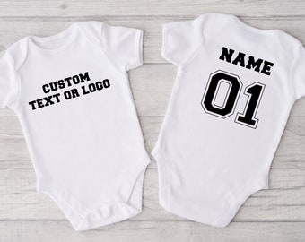 Custom Front And Back Print Baby Onesie®,  Funny Custom Front Back Text Bodysuit, Newborn Gift, Personalized with Name and Number, Baby Gift