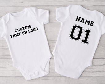 Custom Front And Back Print Baby Onesie®,  Funny Custom Front Back Text Bodysuit, Newborn Gift, Personalized with Name and Number, Baby Gift