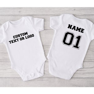 Custom Front And Back Print Baby Onesie®,  Funny Custom Front Back Text Bodysuit, Newborn Gift, Personalized with Name and Number, Baby Gift