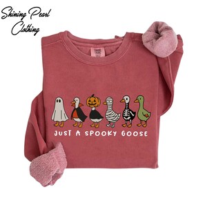 A pink sweatshirt with a graphic design featuring a group of cartoon ducks dressed in Halloween costumes, along with the text "Just a Spooky Goose" printed on it.