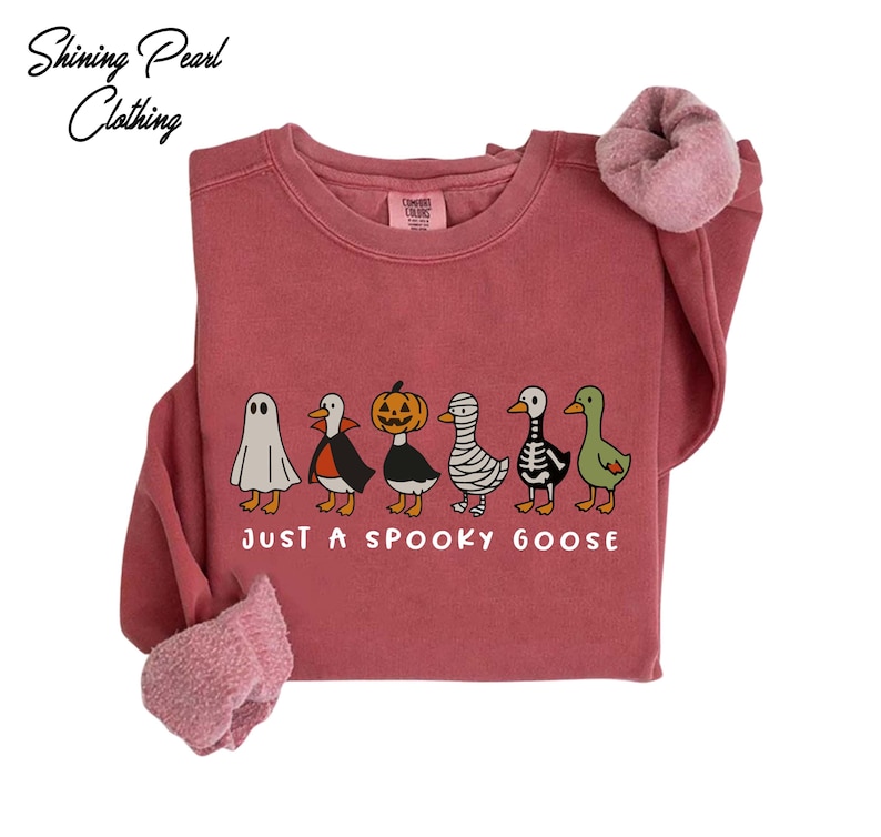 A pink sweatshirt with a graphic design featuring a group of cartoon ducks dressed in Halloween costumes, along with the text "Just a Spooky Goose" printed on it.