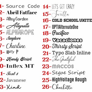 a list of different font styles and numbers